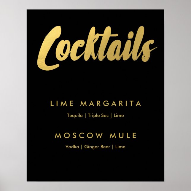 Cocktails Menü Goldglasschild | bearbeitbare Farbe Poster (Vorne)