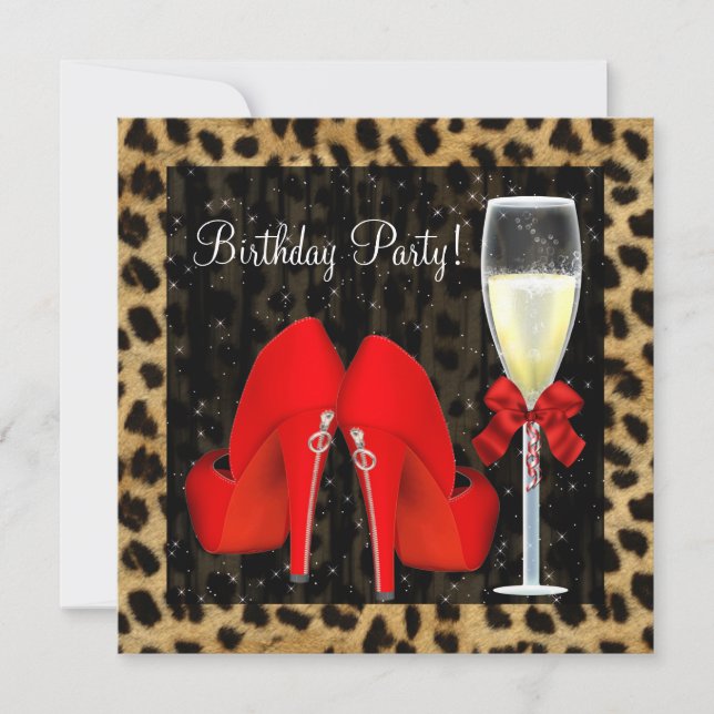 Cocktails Rote High Heel Schuhe Leopard Geburtstag Einladung (Vorderseite)