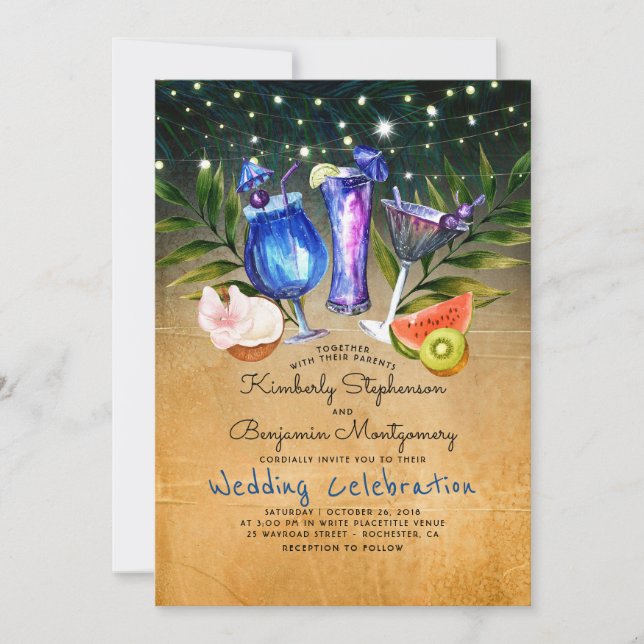 Cocktails, Tropical Beach Lights Hochzeit Einladung (Vorderseite)