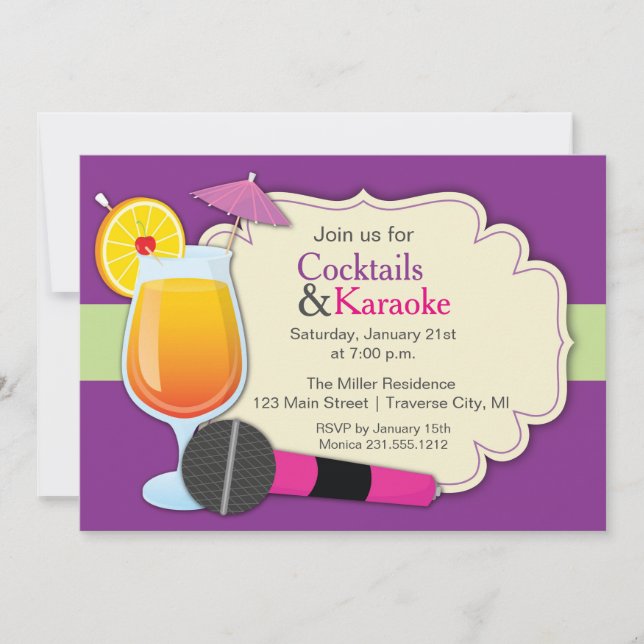 Cocktails und Karaoke-Geburtstags-Party Einladung (Vorderseite)