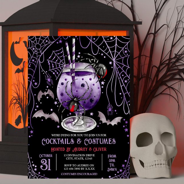 Cocktails und Kostüme Halloween Schwarze Witwe Einladung (Cocktails and Costumes Halloween Black Widow Invitation)