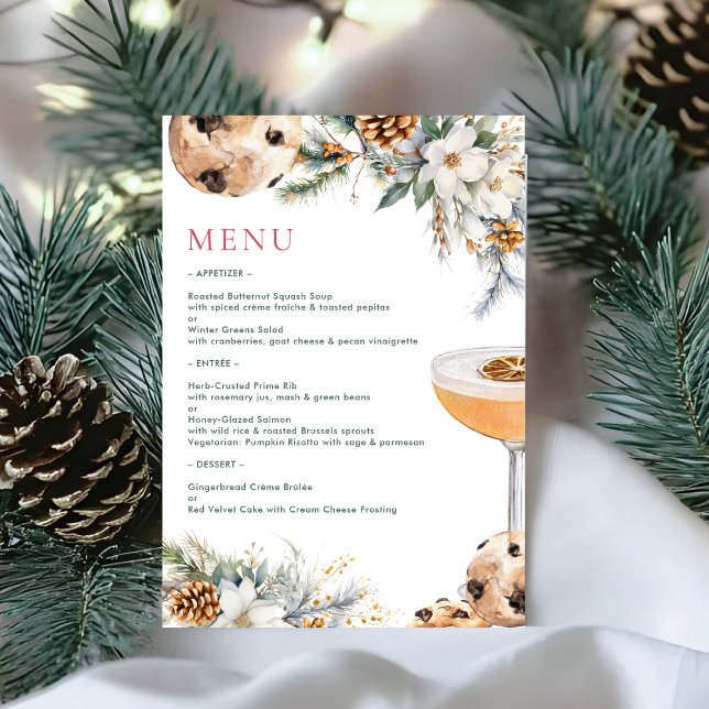 Cocktails & Winter florales Weihnachtsessen Party Menükarte (Von Creator hochgeladen)