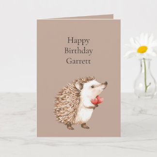 Cocoa Brown Cream Red Hearts Hedgehog Birthday Karte
