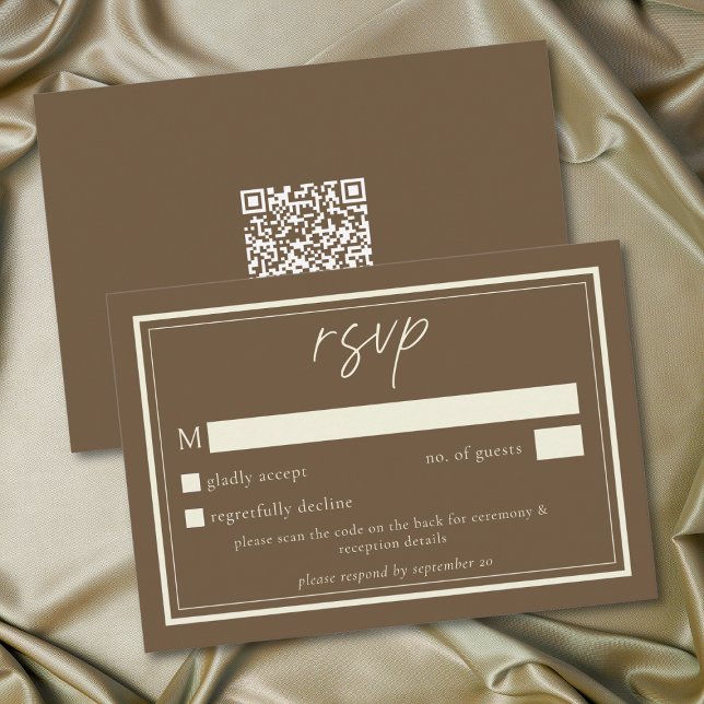 Cocoa Brown Minimalist Frame Wedding QR Code RSVP Karte (Cocoa Brown Minimalist Frame Wedding QR Code RSVP Card)