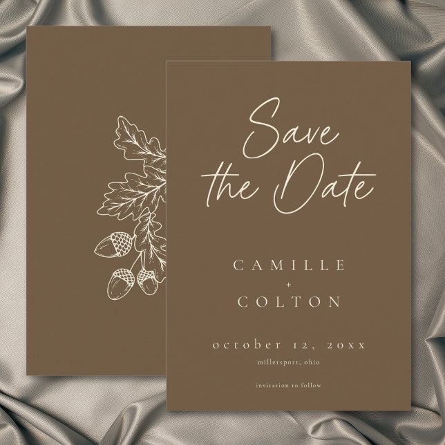 Cocoa Brown Minimalist Leaf Acorn Fall Wedding RSVP Karte (Cocoa Brown Minimalist Leaf Acorn Fall Wedding RSVP Card)