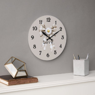 Cocoa Cream Weiße Schleife Daisy Blumen   Große Wanduhr