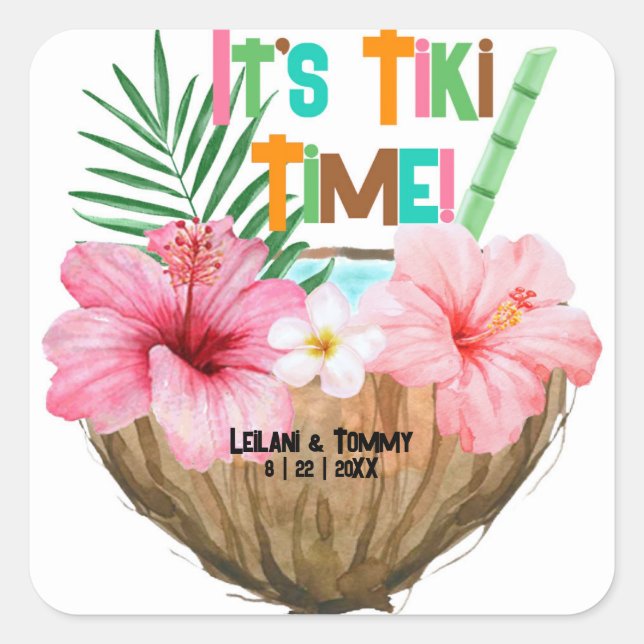 Cococktail Tropische Tiki Paare Dusche Quadratischer Aufkleber (Vorderseite)