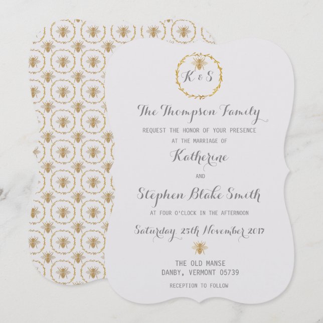 Coconut Milk White Gold Foil Golden Bees Wedding Einladung (Vorne/Hinten)