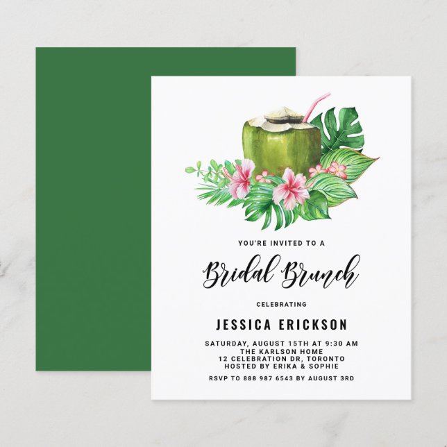 Coconut Sommer Bridal Brunch Einladung Wasserfarbe (Vorne/Hinten)