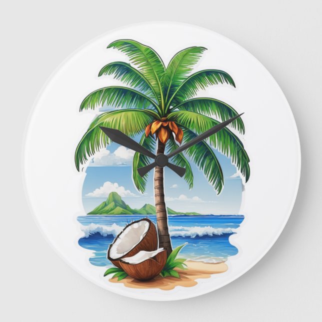 Coconut Tree Tropical Island Große Wanduhr (Vorderseite)