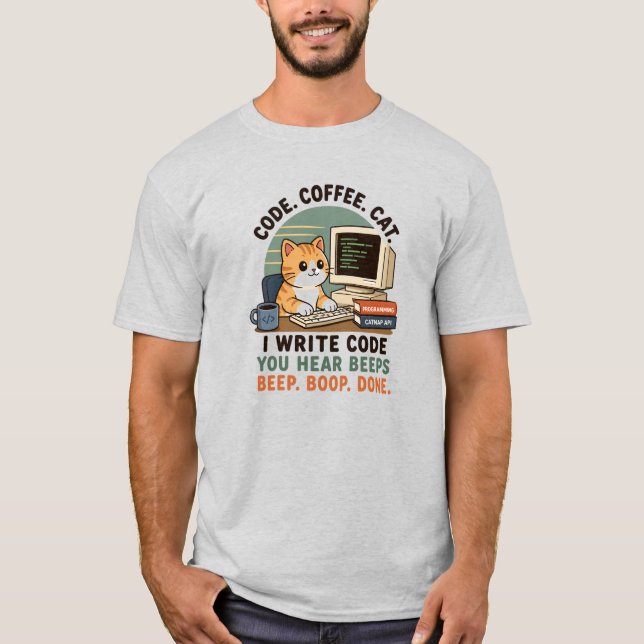 Code Coffee Cat Programmer Humor Illustration T-Shirt (Vorderseite)
