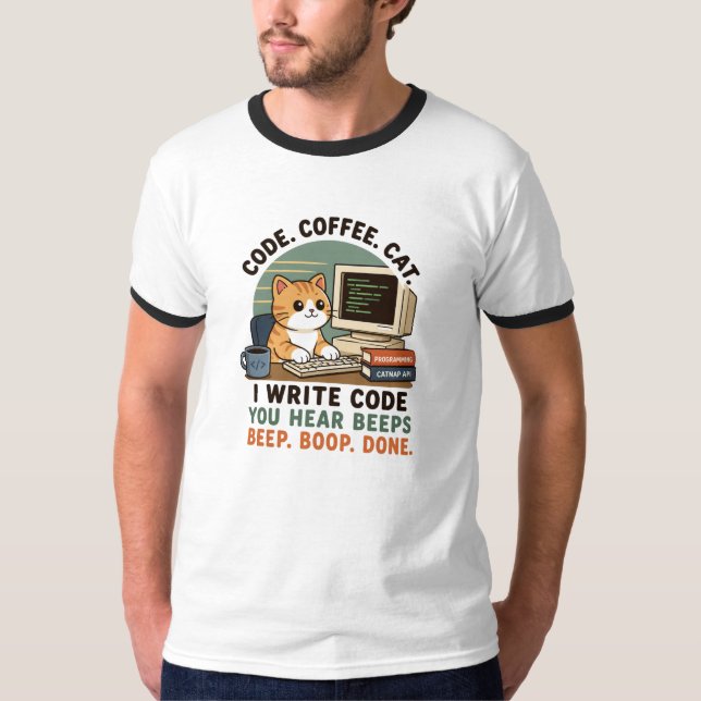 Code Coffee Cat Programmierer Humor Illustration T-Shirt (Vorderseite)
