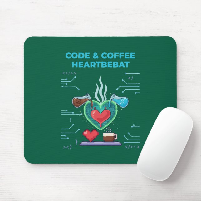Code & Coffee Herzschlag | Lustiger Geek Programmi Mousepad (Mit Mouse)
