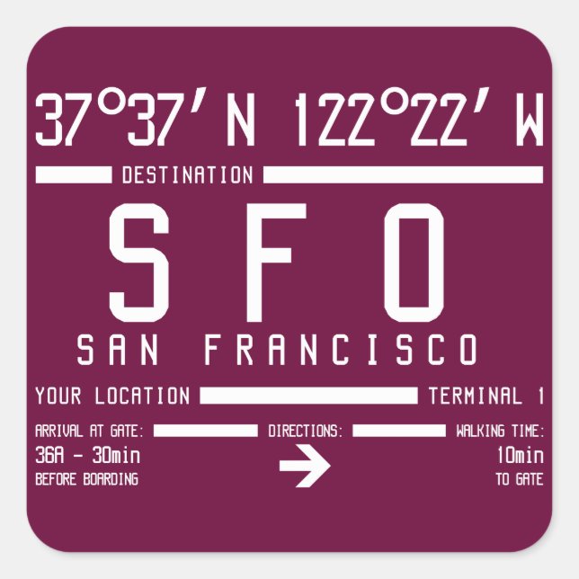 Code des Flughafens San Francisco Quadratischer Aufkleber (Vorderseite)