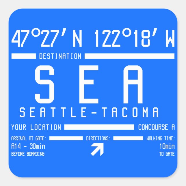 Code des Flughafens Seattle-Tacoma Quadratischer Aufkleber (Vorderseite)