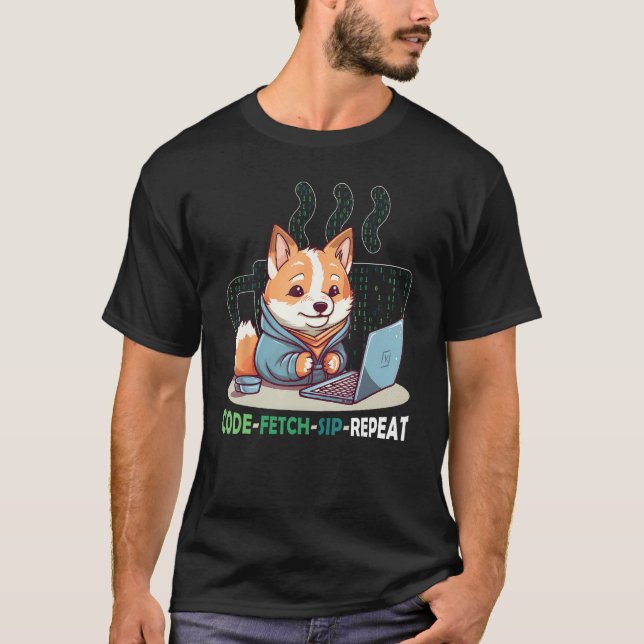 Code Fetch Sip Repeat Coffee Binary Shiba Inu Prog T-Shirt (Vorderseite)