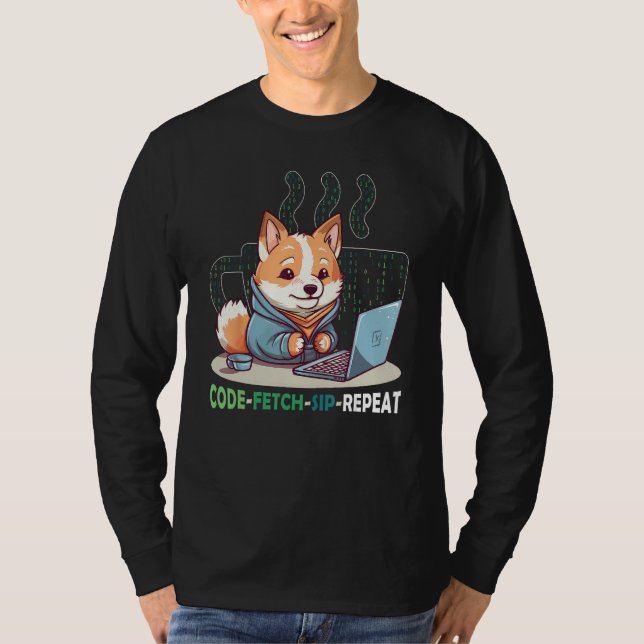 Code Fetch Sip Repeat Coffee Binary Shiba Inu Prog T-Shirt (Vorderseite)