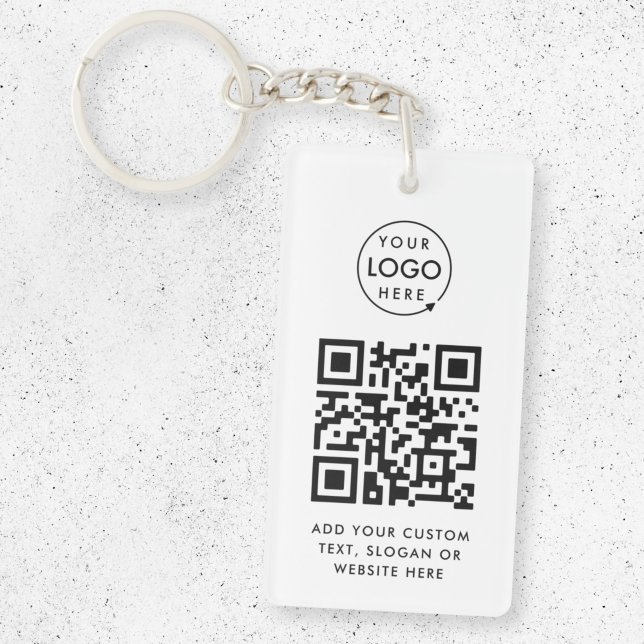 Code QR | Business Logo Professionnel Simple Blanc (Versatile editable keychain template with interactive QR code & your company logo.)