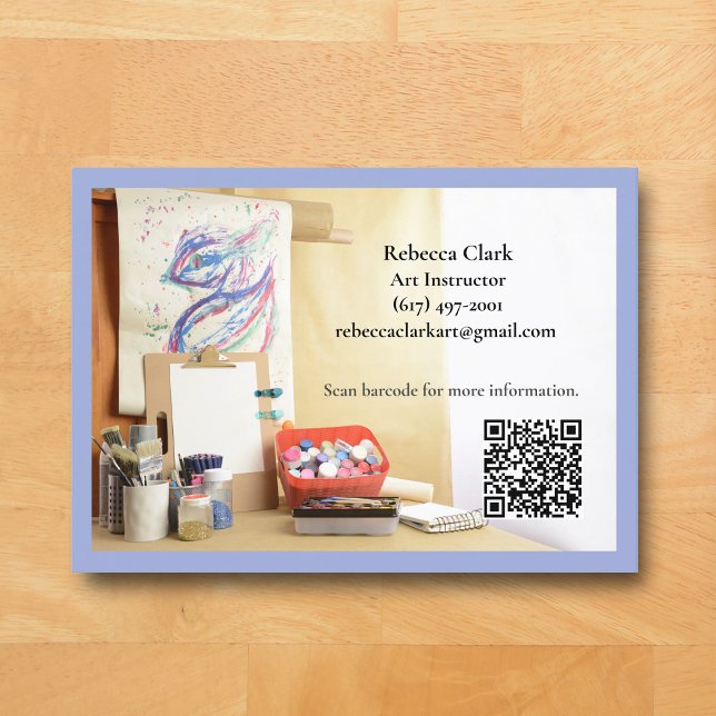 Code QR Carte de visite Professeur d'Art Tuteur Co (Blue Art Classroom Business Card for Teacher )