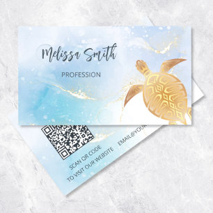 Code QR Carte de visite Tortue Tribale Or Bleu