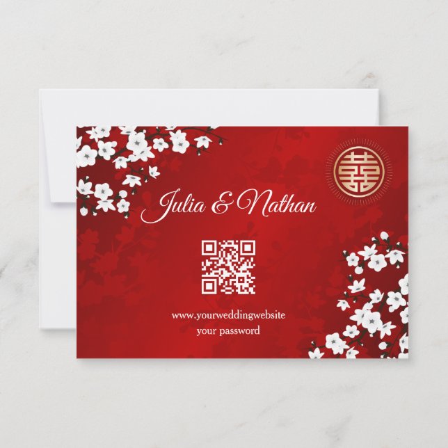 Code QR | Cherry Blossom Red RSVP Mariage chinois (Dos)