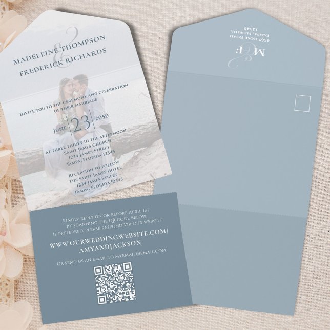 Code QR de Mariage Modèle photo simple bleu (Blue wedding all in one style invitation.)