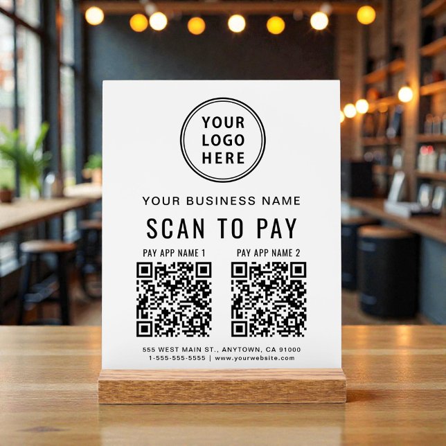 Code QR de paiement par balayage sur table blanche (Scan to Pay QR Code White Tabletop Acrylic Sign)