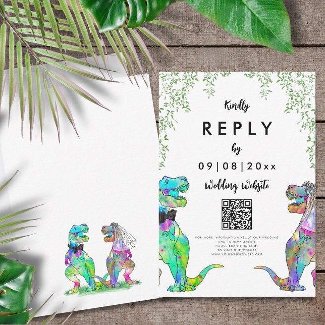 Code QR de réponse pour un mariage sur le thème de (T-Rex bride and groom colorful dinosaur wedding reply wedding website QR code enclosure card)