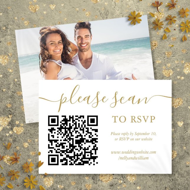 Code QR de RSVP simple écriture or Photo (RSVP QR Code Simple Gold Script Photo)