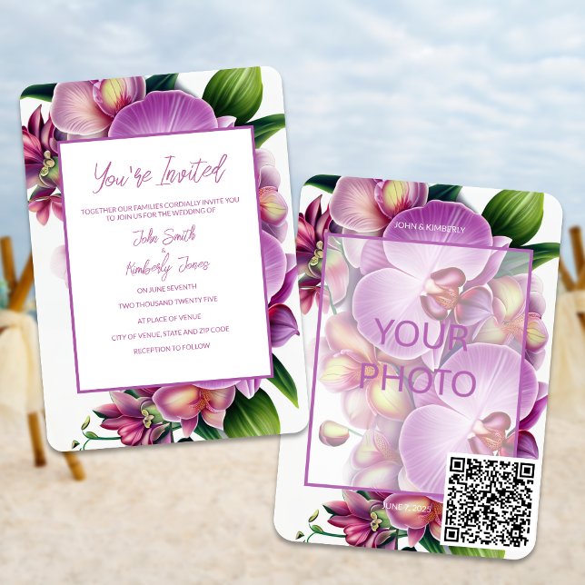 Code QR du Faire-part de mariage de photos florale (Add your photo and your very own QR code with these floral orchids in bloom wedding invitations)