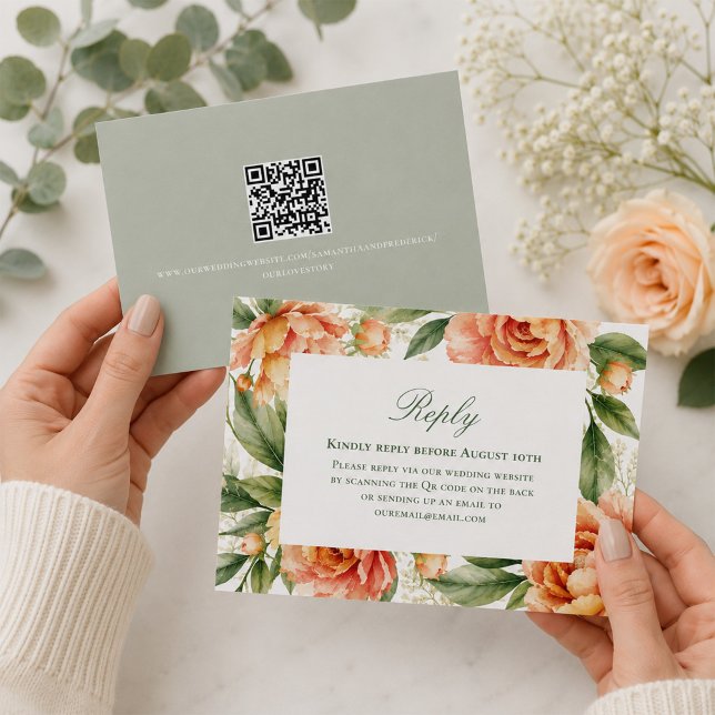 Code QR Fleurs de Pêche pour Réponse d'Invité de M (Elegant floral RSVP card with QR code for quick and convenient guest responses.)