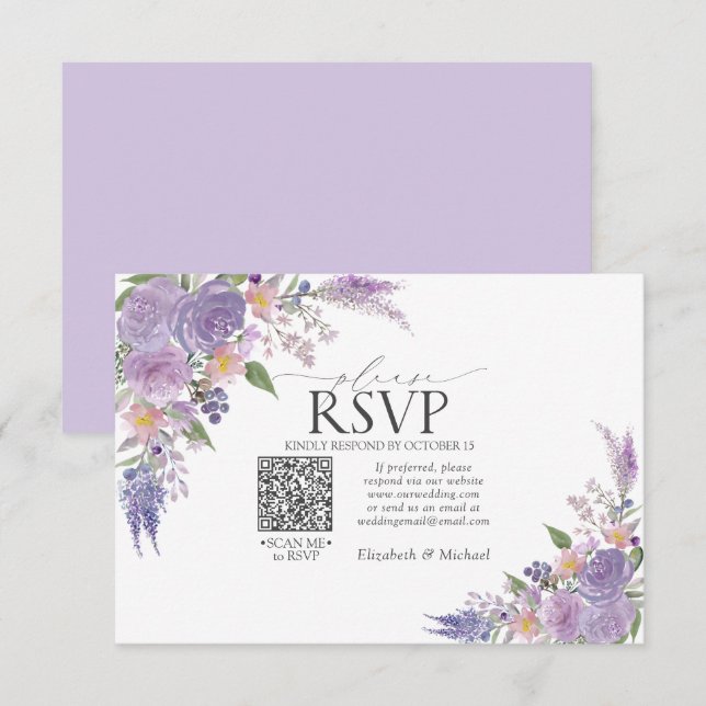 Code QR floral mariage lilas lavande mauve RSVP (Devant / Derrière)