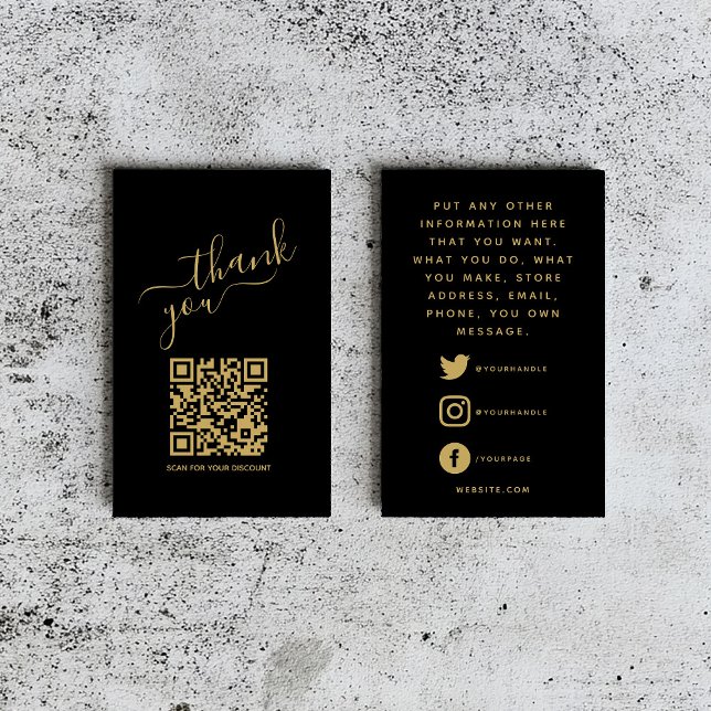 Code QR logos sociaux, encart remerciement luxe or (Black thank you insert card with gold qr code, thank you message and social media details)
