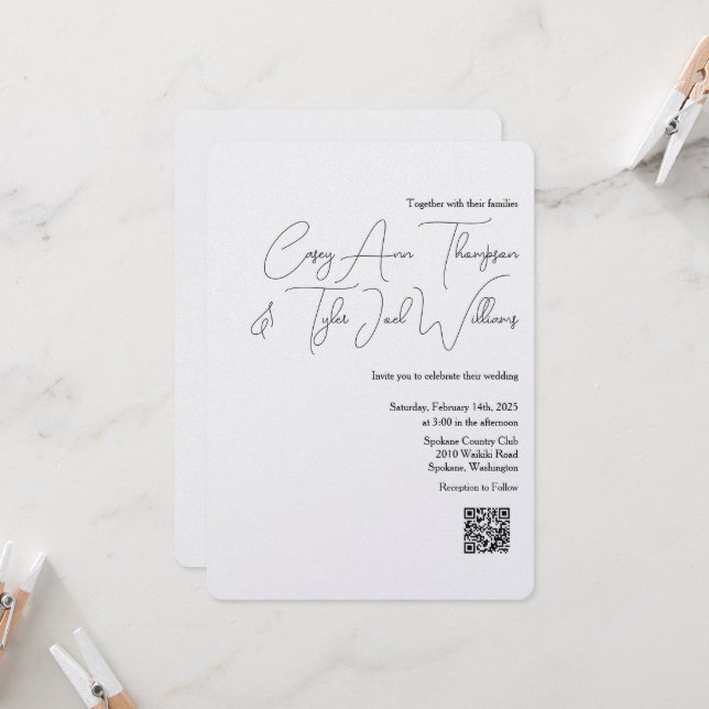 Code QR minimal Faire-part de mariage Pearl Shimme (Devant/Arrière en situation)