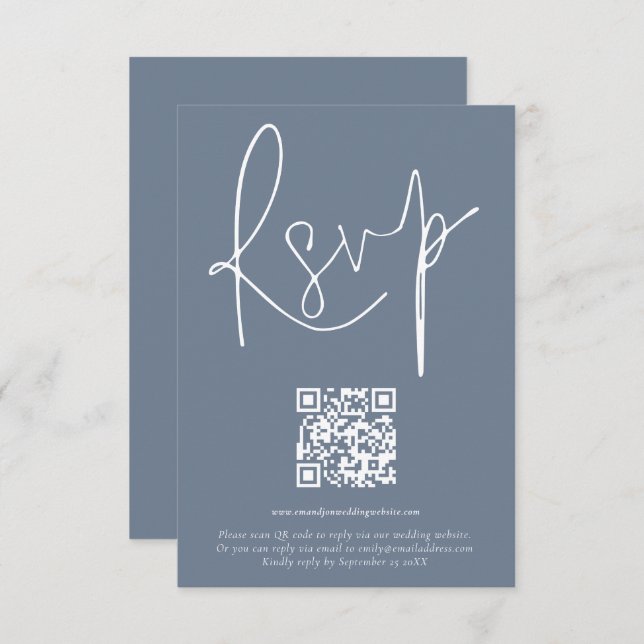 Code QR moderne Script Mariage Dusty Blue carte RS (Devant / Derrière)