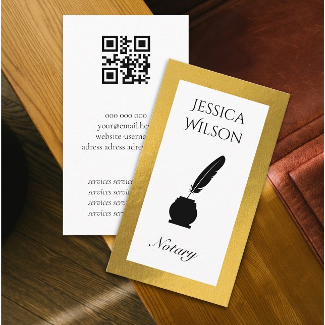 Code QR notaire plumes or cadre carte de visite (QR code notary feather gold frame business card)