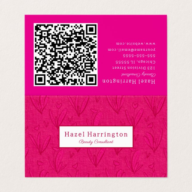 Code QR rose chaud plié Carte de visite floral (Extérieur déplié)