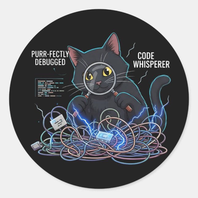 Code Whisperer Developer Cat Round Black Stickers (Vorderseite)