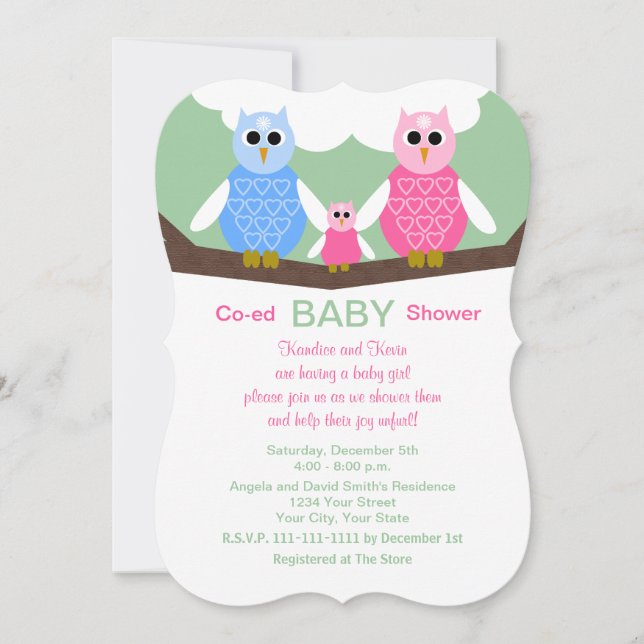 Coed Couples Owls Baby Girl Dusche Einladung (Vorderseite)