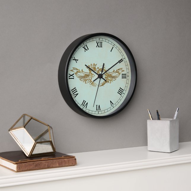Coeur ailé vintage Aqua Crème Horloge murale (Bureau)