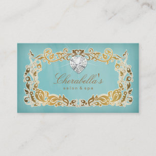 Coeur bleu floral de cadre d'or de carte de visite