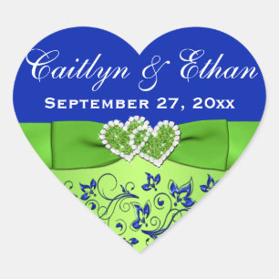 Cœur Bleu, Flore verte, Coeurs Mariage Favor Sticker