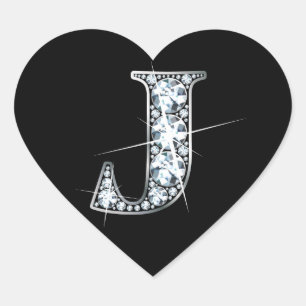 Cœur Bling en diamant "J" sur Sticker en Coeur Noir