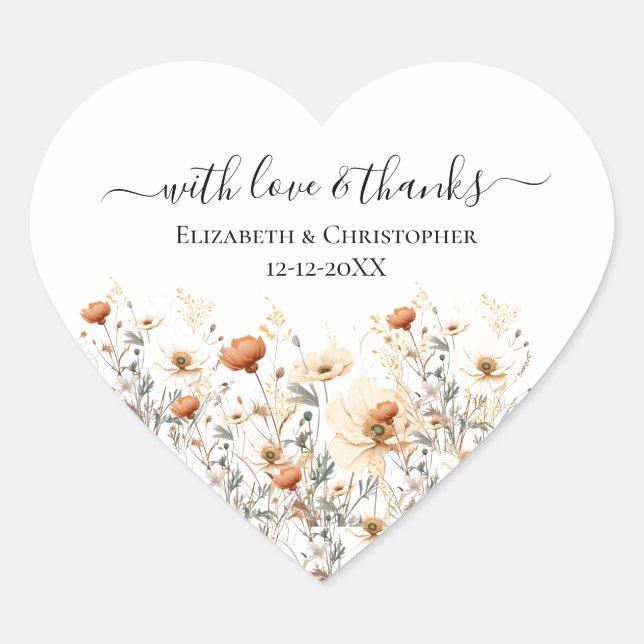 Cœur Boho Fleur sauvage Mariage Beige Favoriser Sticker (Devant)
