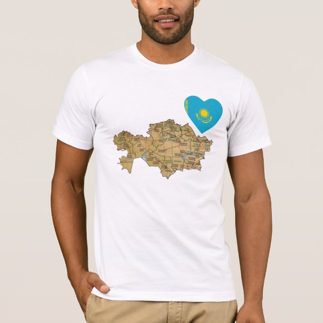 Coeur de drapeau de Kazakhstan et T-shirt de carte (Devant)