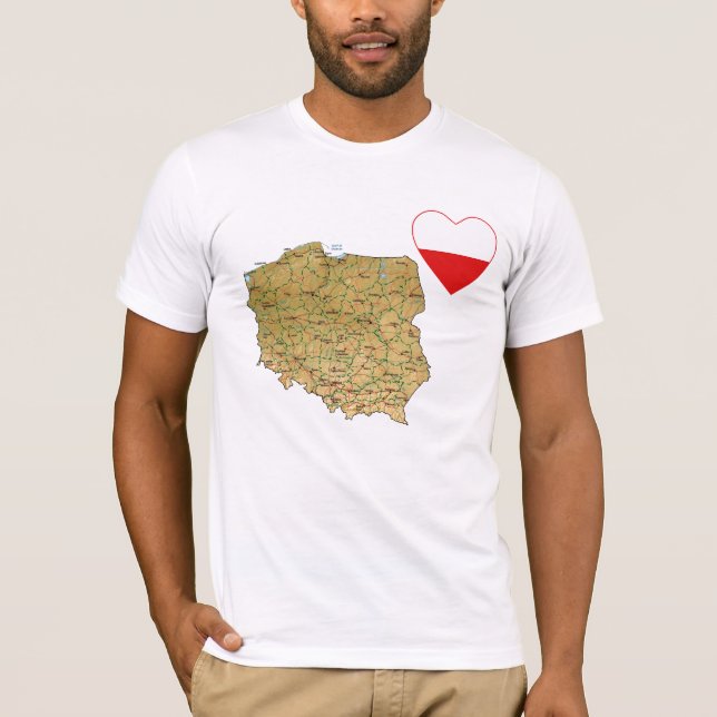 Coeur de drapeau de la Pologne et T-shirt de carte (Devant)