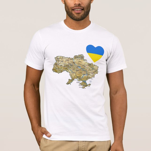 Coeur de drapeau de l'Ukraine et T-shirt de carte (Devant)