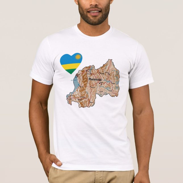 Coeur de drapeau du Rwanda et T-shirt de carte (Devant)