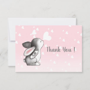 Coeur de lapin rose confetti plat carte de remerci