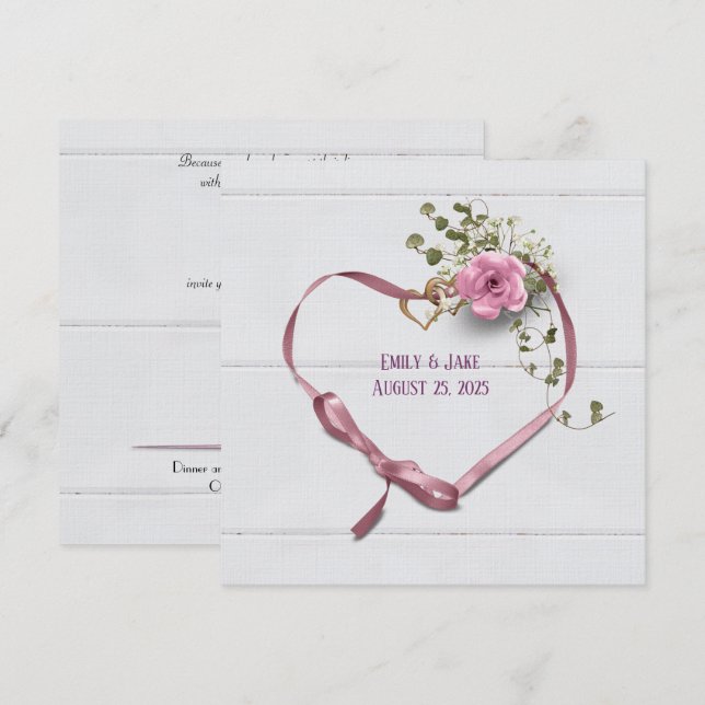 Coeur de ruban rose faire-part de mariage avec ann (Devant / Derrière)